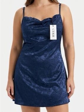 NWT cider Navy satin blue mini sundress / slip with adjustable straps